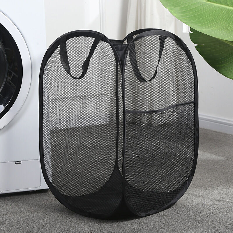 Panier à linge sale en maille avec poignées durables Panier à linge pliable Grande capacité Paniers de rangement pour vêtements Poche carrée Noir