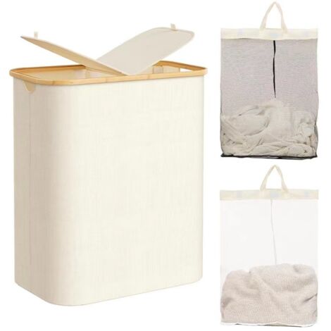 Panier à Linge Sale Pliable, 140L Panier a Linge 2 Compartiment, Bac a Linge sale avec Poignées en Bambou, Paniere a Linge avec Sac Amovibles en Tissu Oxford pour Buanderie, Chambre, Salle de Bain Bla