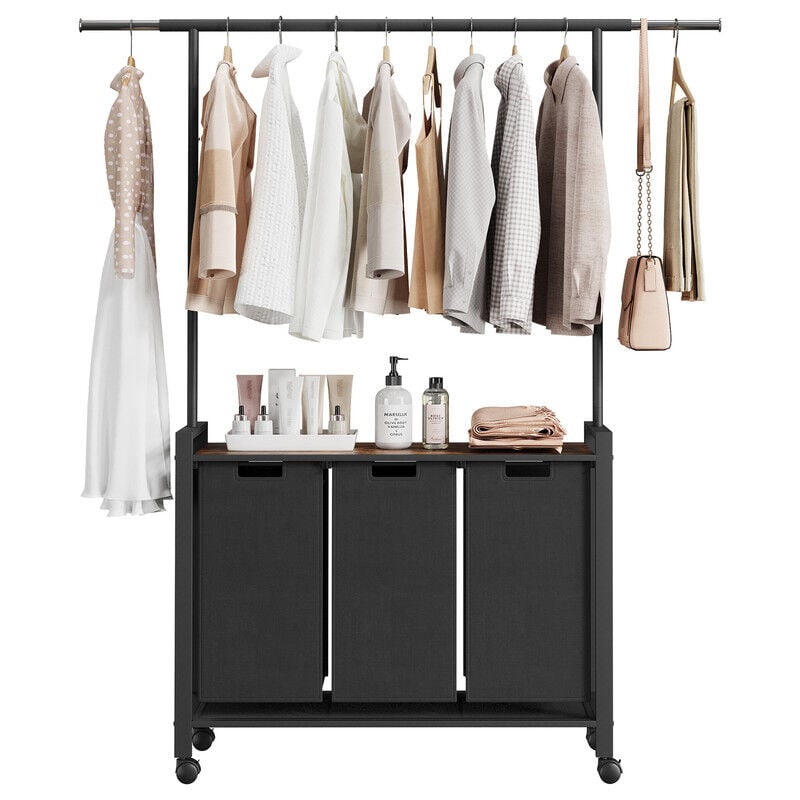 Panier à Linge Sale,avec 3 Sacs en Tissu Oxford Amovibles, Cadre en Métal,94x32x176cm, avec support de suspension, chariot à linge à roulettes,