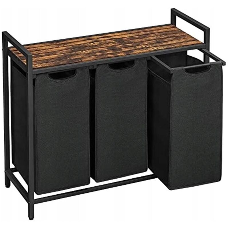 Panier à linge sur pied, 3 compartiments, marron loft, rustique, noir