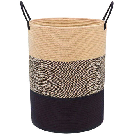 Panier à linge tressé, 58 l, en corde de coton, grand panier à linge pour couvertures, jouets, vêtements sales, panier de rangement haut en corde tissée avec poignée pliable - Marron 3 tons