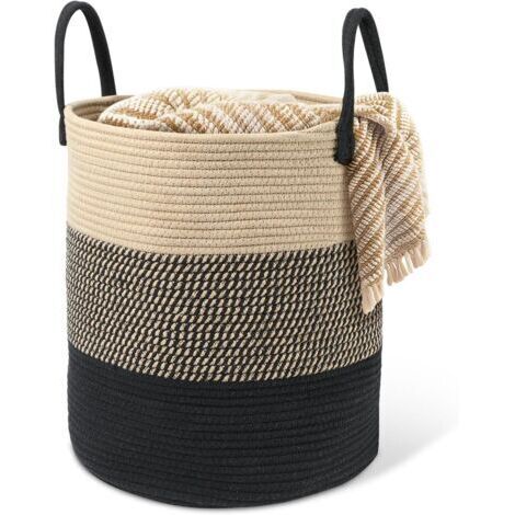 Panier à linge tressé en coton - 45 l - Avec anse - Panier à linge tressé - Panier de rangement pour chambre d'enfant, salle de bain - 35 x 40 cm - Beige et noir