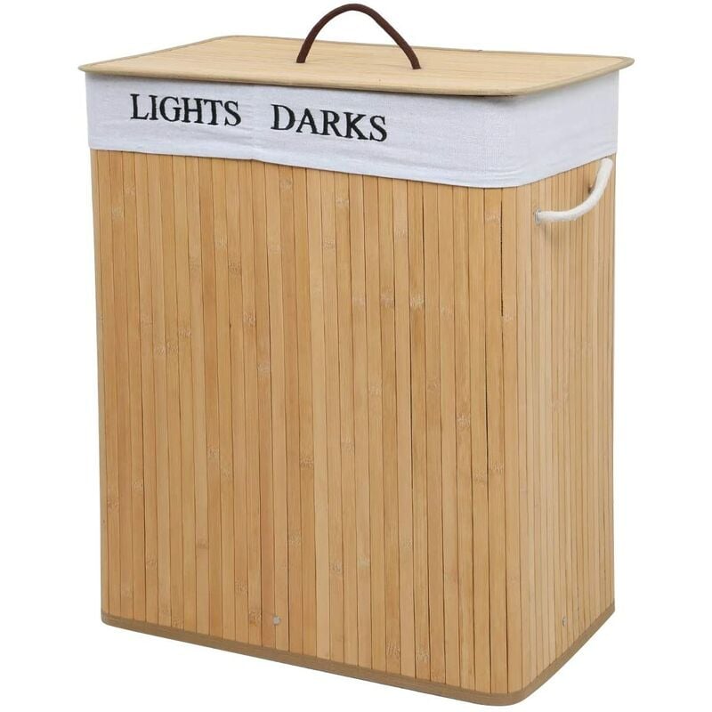 Panier à linge 100L 52 x 32 x 62.5cm pliable en bambou corbeille à linge avec 2 compartiments et sac amovible lavable beige Mondeer
