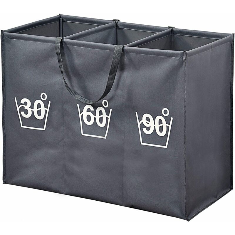 Panier à linges en bois et tissu à 3 compartiments - Gris - L 75 x l 60 x H 35 cm