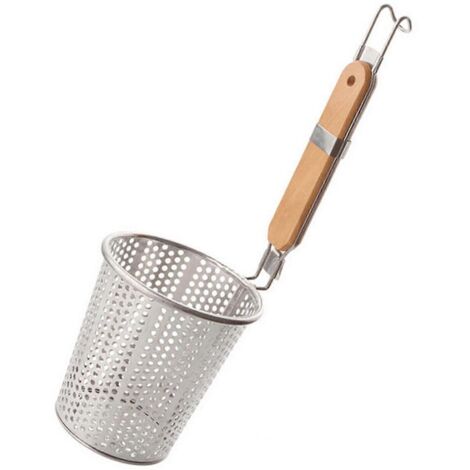 Panier à pâtes en maille d'acier inoxydable avec poignée antidérapante en bois et crochet de suspension léger
