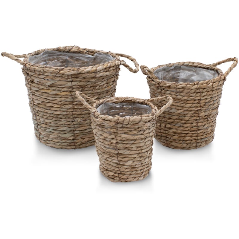 Panier à plantes en jonc de mer avec poignée en lot de 3 - environ 25 / 20 / 15 cm - panier avec film