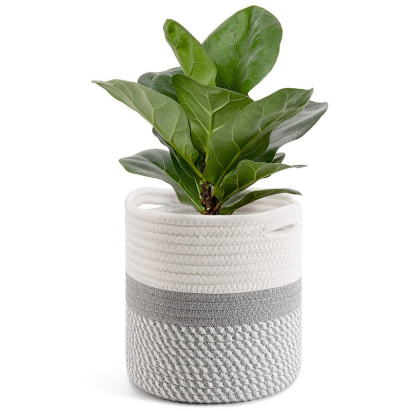 Panier à plantes gris clair et blanc 32 x 32 x 32 cm, 1 pièce, panier de rangement en coton tissé pour plantes d'intérieur, décoration d'intérieur