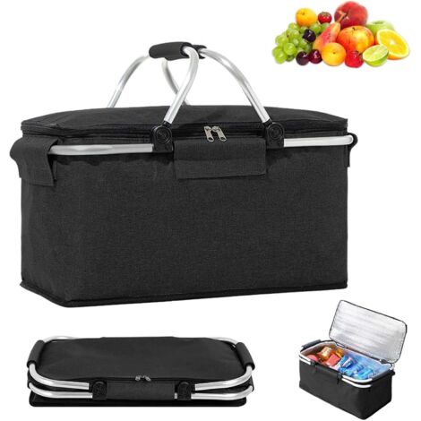 Panier à Provisions Pliable - 1 Unité - Tissu Oxford - Isotherme Avec Couvercle - Pour Shopping Et Pique-Nique - Noir 40x20x23cm