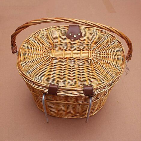 Panier à provisions rustique en osier pour vélo avec couvercle et poignée de transport