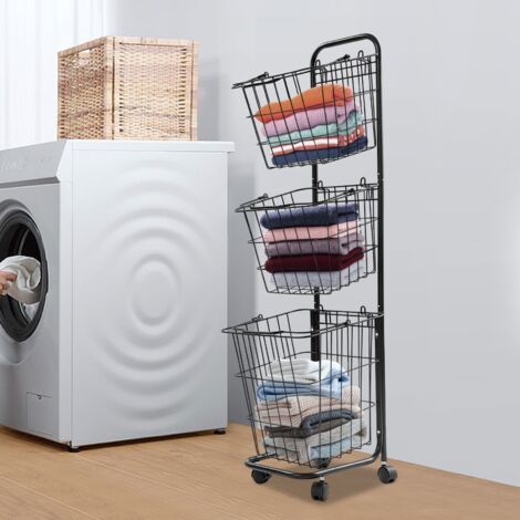 Panier à roulettes 3 compartiments Grand panier à linge 26 x 32 x 123 cm Panier à linge mobile en métal avec poignées Panier à linge Chariot à linge Peu encombrant pour la salle de bain ou la buanderi