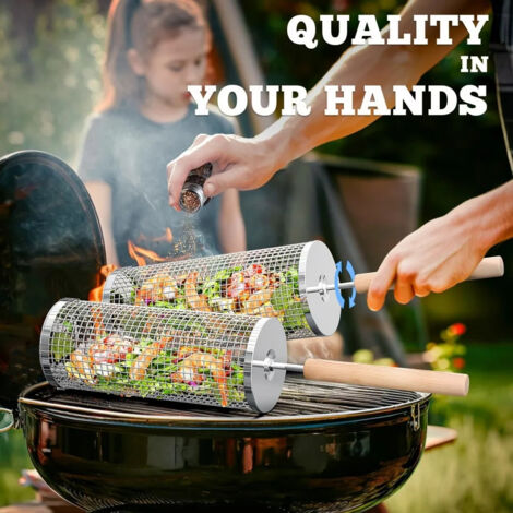 Panier à roulettes avec filet pour barbecue, poignée en bois