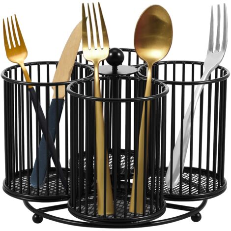 Panier à ustensiles en métal rotatif à 360 degrés - 4 compartiments - Panier de rangement polyvalent pour comptoir - Organiseur d'argenterie pour cuisine, pique-nique, camping, extérieur (noir)