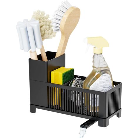 Panier à vaisselle et organiseur d'évier, porte-éponge noir avec support pour brosses, rangement de comptoir en plastique, égouttoir à éponge multifonctionnel et savon