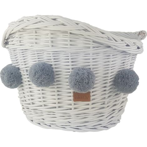 Panier à vélo en osier avec attelage, blanc, avec pompons