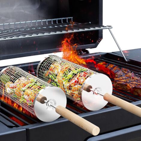Panier barbecue roulant acier inox 304. Poignée détachable, design gigogne pour légumes et viandes. Usage extérieur.