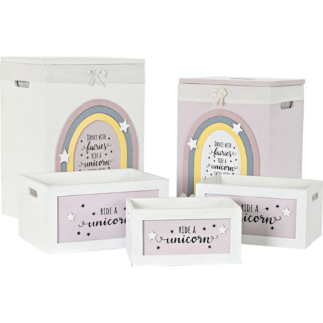 Panier blanc bois pratique pour rangement déco - Blanc avec nuance pastel et motifs arc-en-ciel