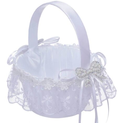 Panier Blanc de Fille de Fleur, Paniers Romantiques Portatifs de Tissu de Satin avec la Poignée Décor de Partie de Mariage DIY (220418CY29-3)