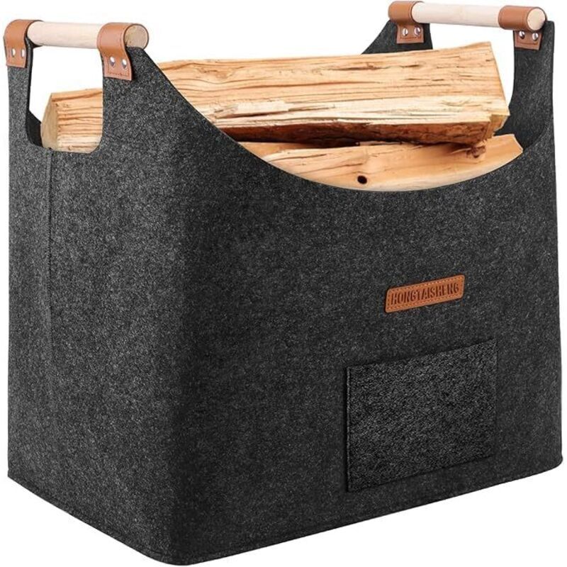 Panier bois cheminée XL panier buche en feutre très épais et poignée renforcée Pliable Sac en feutre pour les courses, le bois, le journal(Gris