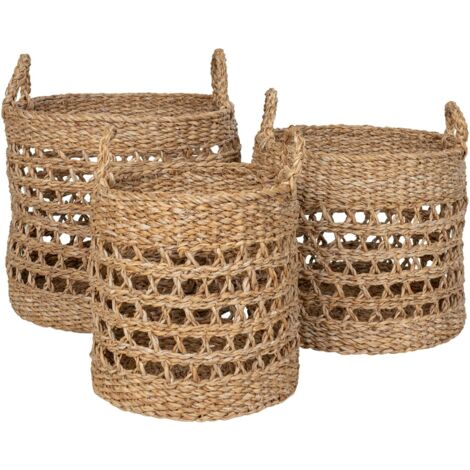 Panier cache-pot rond avec poignées, tressage ajouré (lot de 3)
