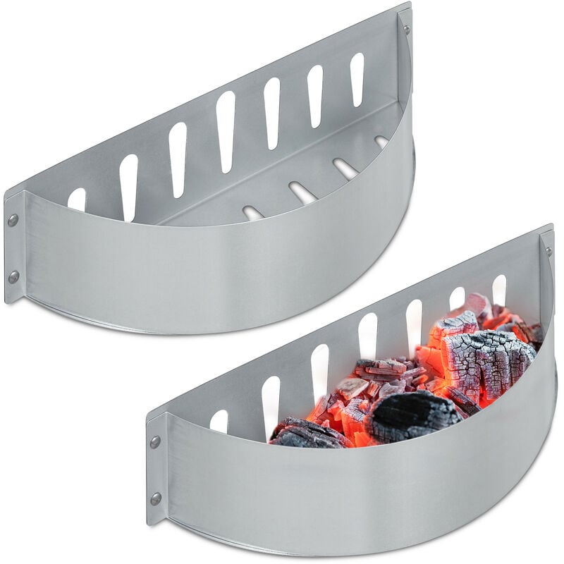 Panier à charbon en lot de 2, HxLxP : 7x33x11,5 cm, grillade directe et indirecte, braise, en acier, argenté - Relaxdays