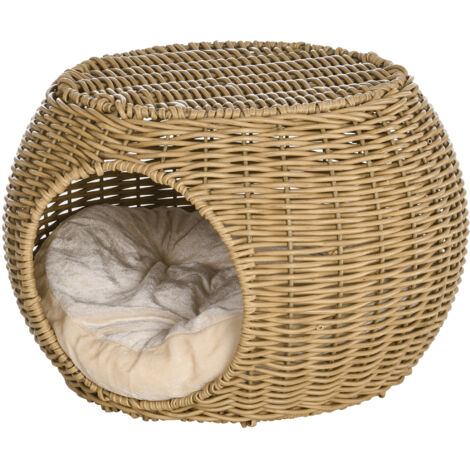 Panier chat 2 étages résine tressée rotin avec coussin moelleux Ø 40 x 30 cm marron clair