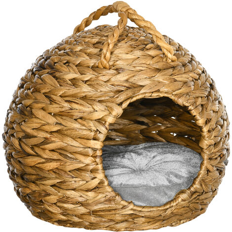 Panier chat jacinthe d'eau lit chat cosy grand confort dim. 41L x 38l x 41H cm poignée coussin moelleux gris inclus - Marron