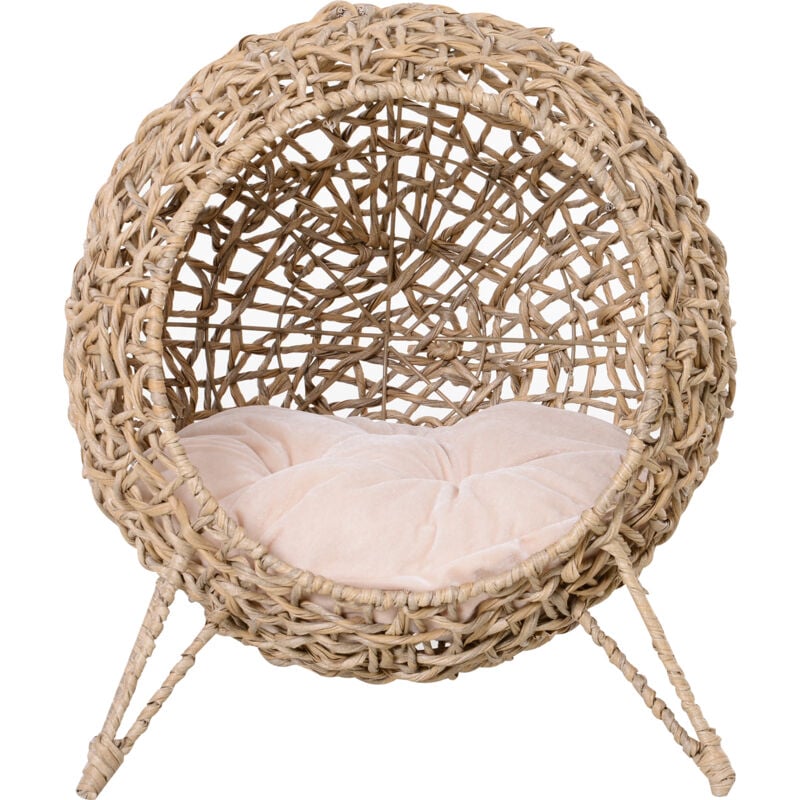 Panier chat lit chat cosy grand confort dim. ø 52 x 58H cm coussin moelleux inclus résine tressée imitation rotin beige - Pawhut