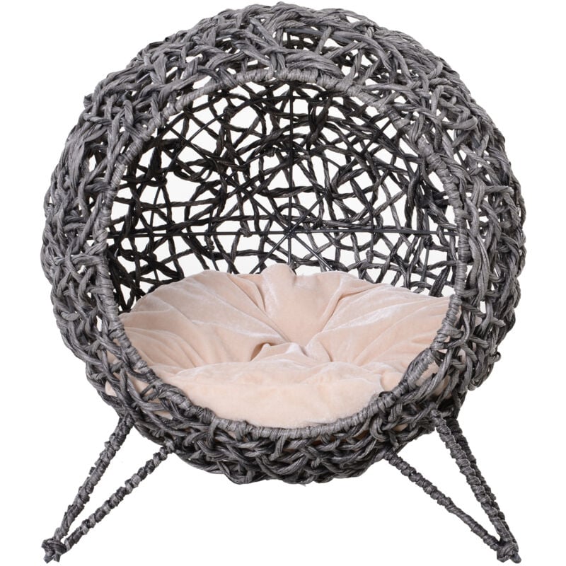 Pawhut - Panier chat lit chat cosy grand confort dim. ø 52 x 58H cm coussin moelleux beige inclus résine tressée imitation rotin gris