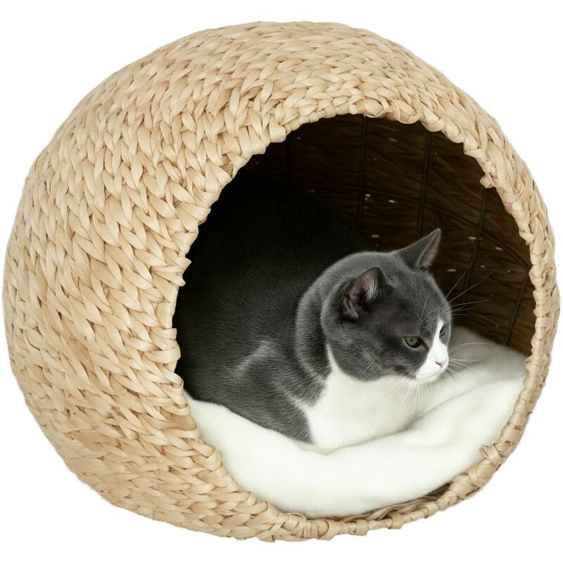 Panier chat style cosy chic quenouille naturelle tressée avec coussin crème