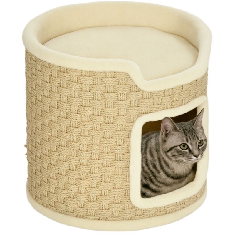 Panier coussin griffoir chat 3 en 1 design tonneau - ø 38 x 37H cm - jonc de mer peluche beige