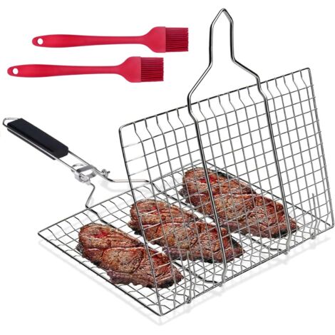 Panier de Barbecue, 32 x 22 CM à Griller en Acier Inoxydable, Barbecue Pliable pour avec 2 Brosses Silicone, Poisson, Crevettes, Légumes, Steak -