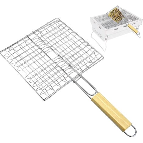 Panier de barbecue à légumes - Outil gril en acier inoxydable, étagère poignée bois Accessoire grille pour la cuisson des crevettes, panier brochette plein air,