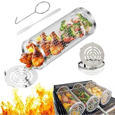 Panier de barbecue en acier inoxydable, grille roulante avec crochet pour légumes, poissons et viandes (21x9x9 cm)