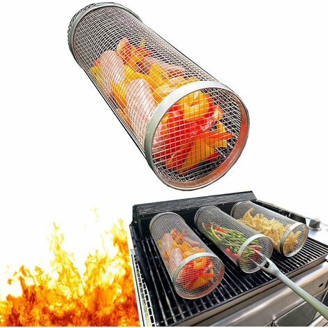 AAMUNPA Panier de Barbecue en Acier Inoxydable, Panier À Légumes pour Grillades en Plein Air, Paniers À Griller Cylindriques, Accessoires De Barbecue Panier Grillagé Grille Pour Légumes, Crevettes, Steak