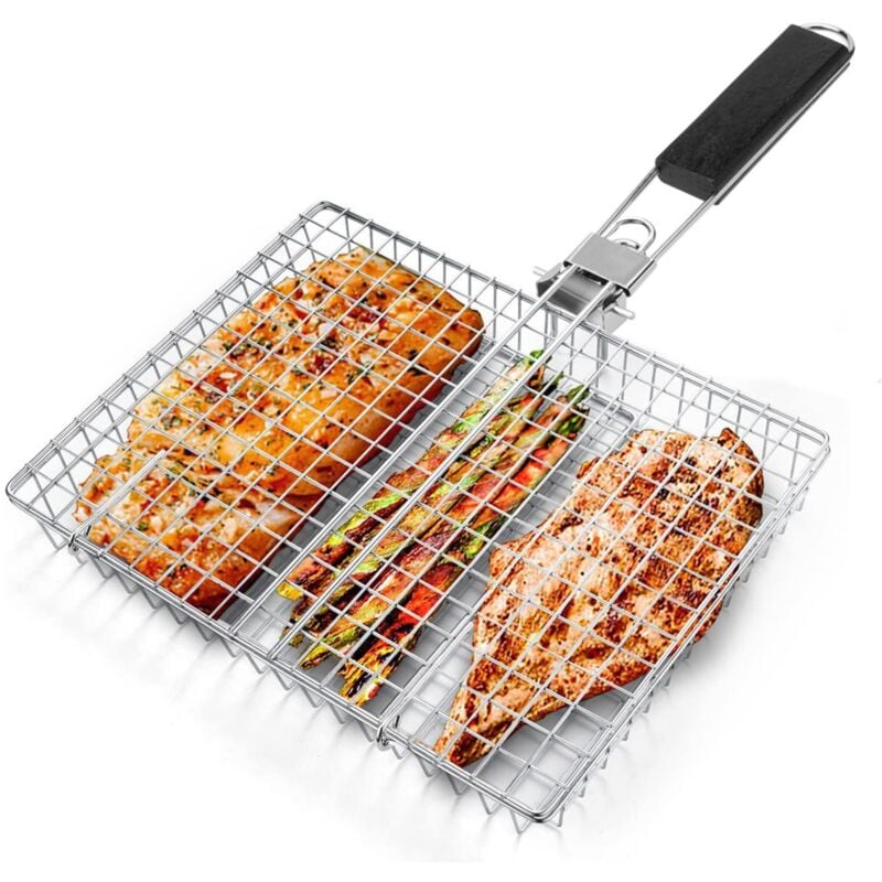 Coocheer - Panier de barbecue pliable en acier inoxydable avec poignée, grand panier de barbecue portable pour camping en plein air, pour poissons,