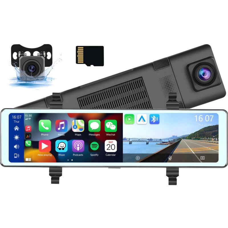 LIFCAUSAL Caméra Embarquée Miroir 11,26'' avec Apple CarPlay & Android Auto Sans Fil Double Caméras Avant/Arrière 1080P, Commande Vocale,