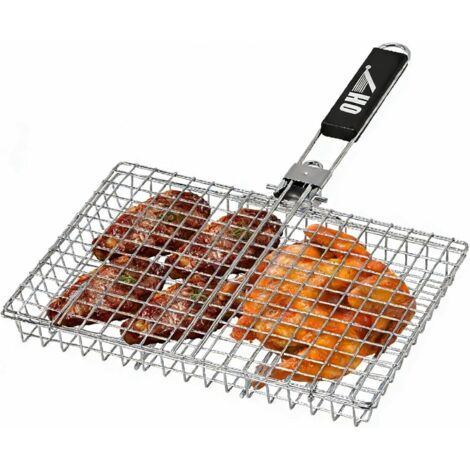 Panier de barbecue robuste en acier inoxydable pour le camping et - Grille cuisson pliable portable avec poignée amovible Filet anti-adhésif poissons, légumes, crevettes