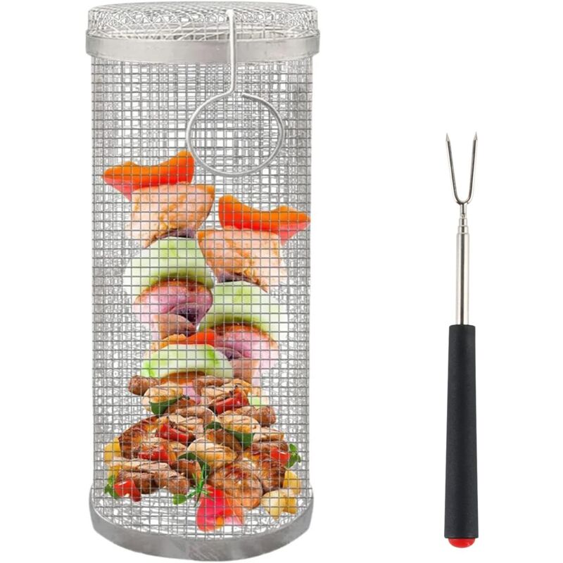 Panier de Barbecue Roulant,Panier à Griller en Acier Inoxydable, Paniers de Gril Cylindriques, Panier pour Grillades en Plein Air, Rolling Grill