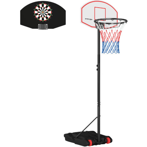Panier de basket avec planche de fléchettes à hauteur ajustable, base remplissable et roues 74x55x210-247 cm noires