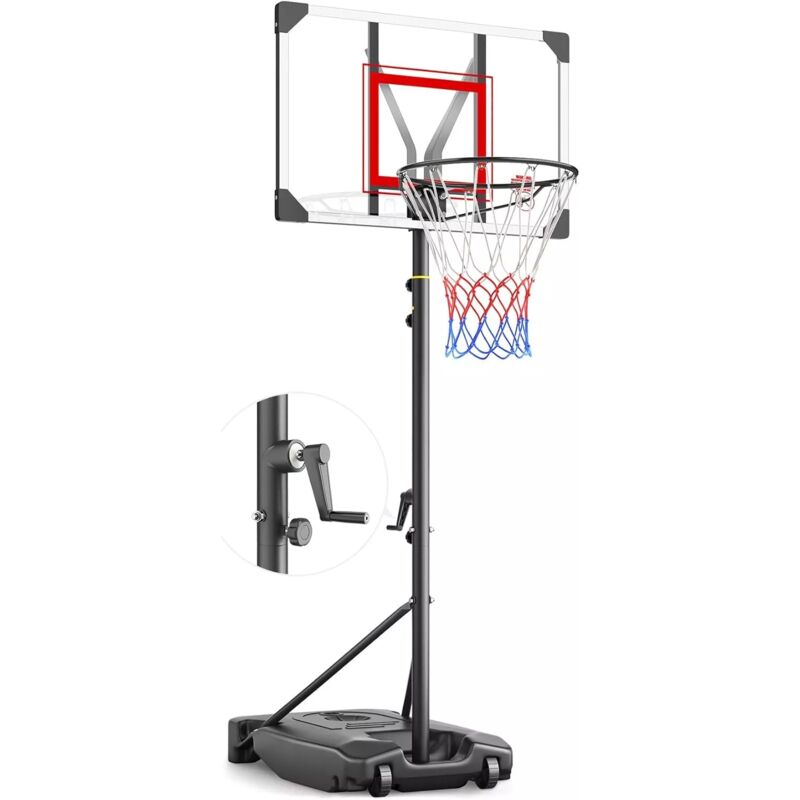 Panier de Basket Ball à manivelle sur Pied Portable Hauteur Réglable 153 - 260cm,Avec Roulettes,Exterieur Interieur pour Enfants Adultes,Blanc+Rouge