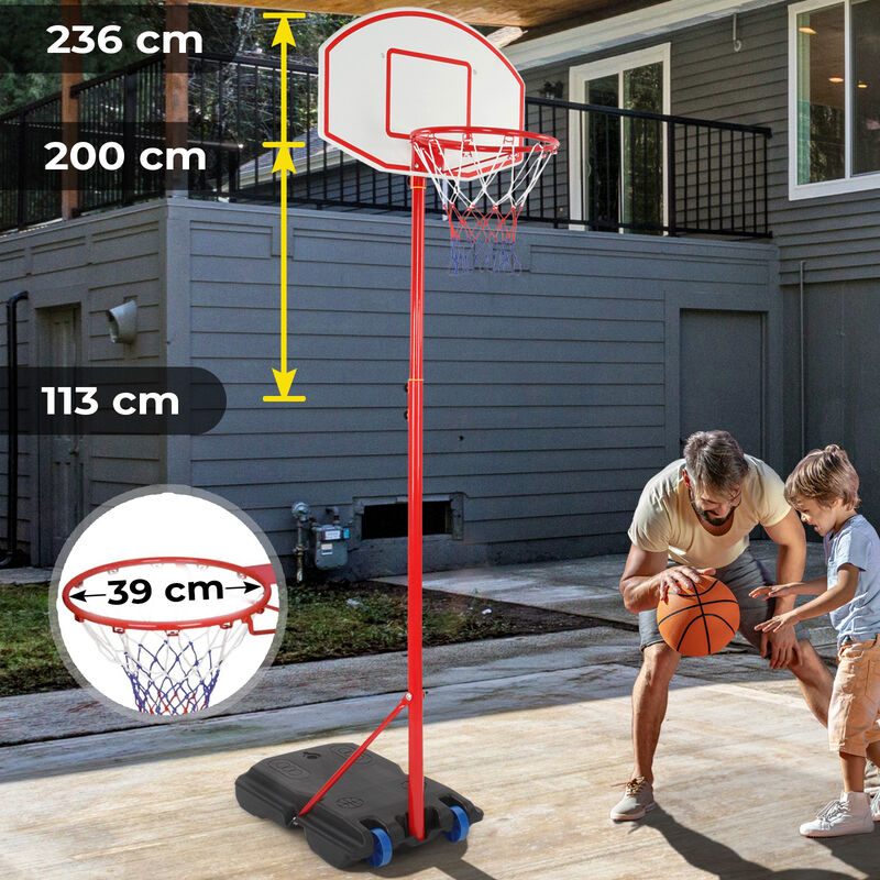 Panier de Basket sur Pied - Hauteur Réglable 113 - 236 cm, avec Roulettes, pour Enfants et Adolescents, Extérieur et Intérieur