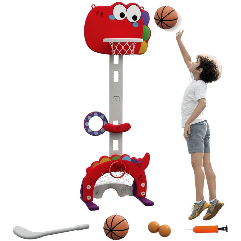 Aiyaplay - Panier de basket enfant multifonction design dino 3-6 ans - but, golf, 2 jeux de lancer - hauteur réglable - hdpe gris rouge