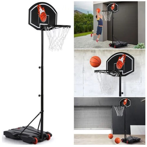 Panier de basket sur pied avec roulettes réglable hauteur 148 à 246 cm mobile jeu extérieur ballon enfant adulte 60kg de sable ou 35 L d'eau - Noir-blanc