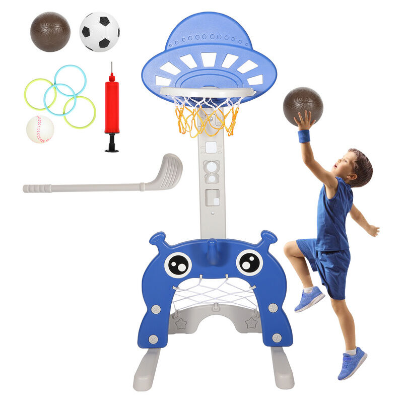 Panier de Basketball pour Enfants 4 en 1 Poteau de basket-ball Réglable en hauteur avec but de football Golf Anneau de lancer - Bleu