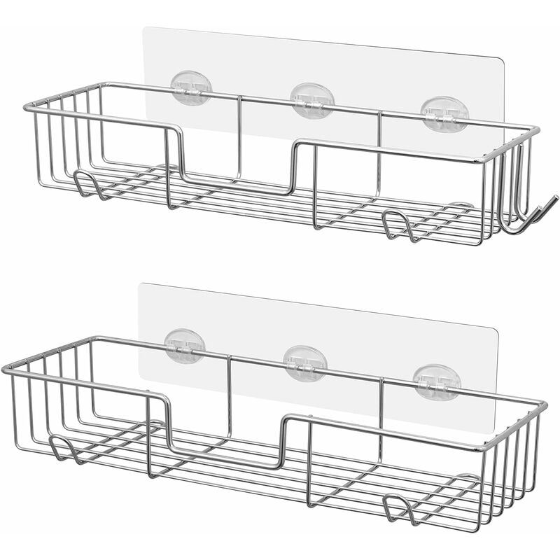Panier de douche adhésif avec crochets, support de douche mural, sans perçage, organisateur de douche pour salle de bain, acier inoxydable résistant