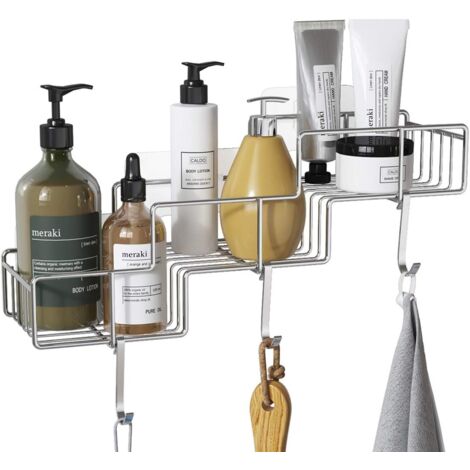 Panier de Douche avec Crochets, Organisateur de Salle de Bain en Acier Inoxydable SUS304, Adhésif sans Perçage