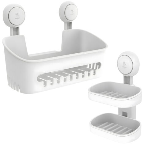 Panier de douche double couche avec porte-savon intégré, fixation par ventouses, installation en 1 seconde, amovible, supporte jusqu'à 10 kg, rangement étanche pour salle de bain