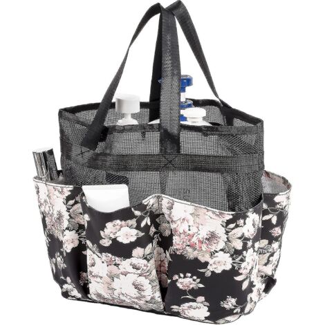 Panier de douche grand format avec poignée, sac de rangement en filet à séchage rapide pour produits de nettoyage.