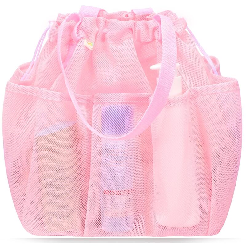 Panier de douche portable en filet avec cordon de serrage, un indispensable pour les résidences universitaires — rose