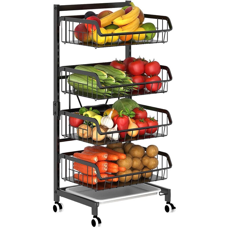 Panier de Fruits et Legumes avec Roues, Étagère à légumes pour cuisine, 4 niveaux chariot de rangement avec roulettes verrouillables, pour Cuisine,